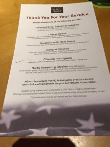 Olive Garden menu on Veteran's day. Did they honor customers or exploit? Picture by Jim Murphy