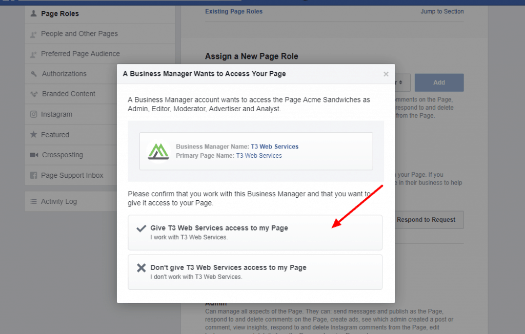Granting access to your FB business page
